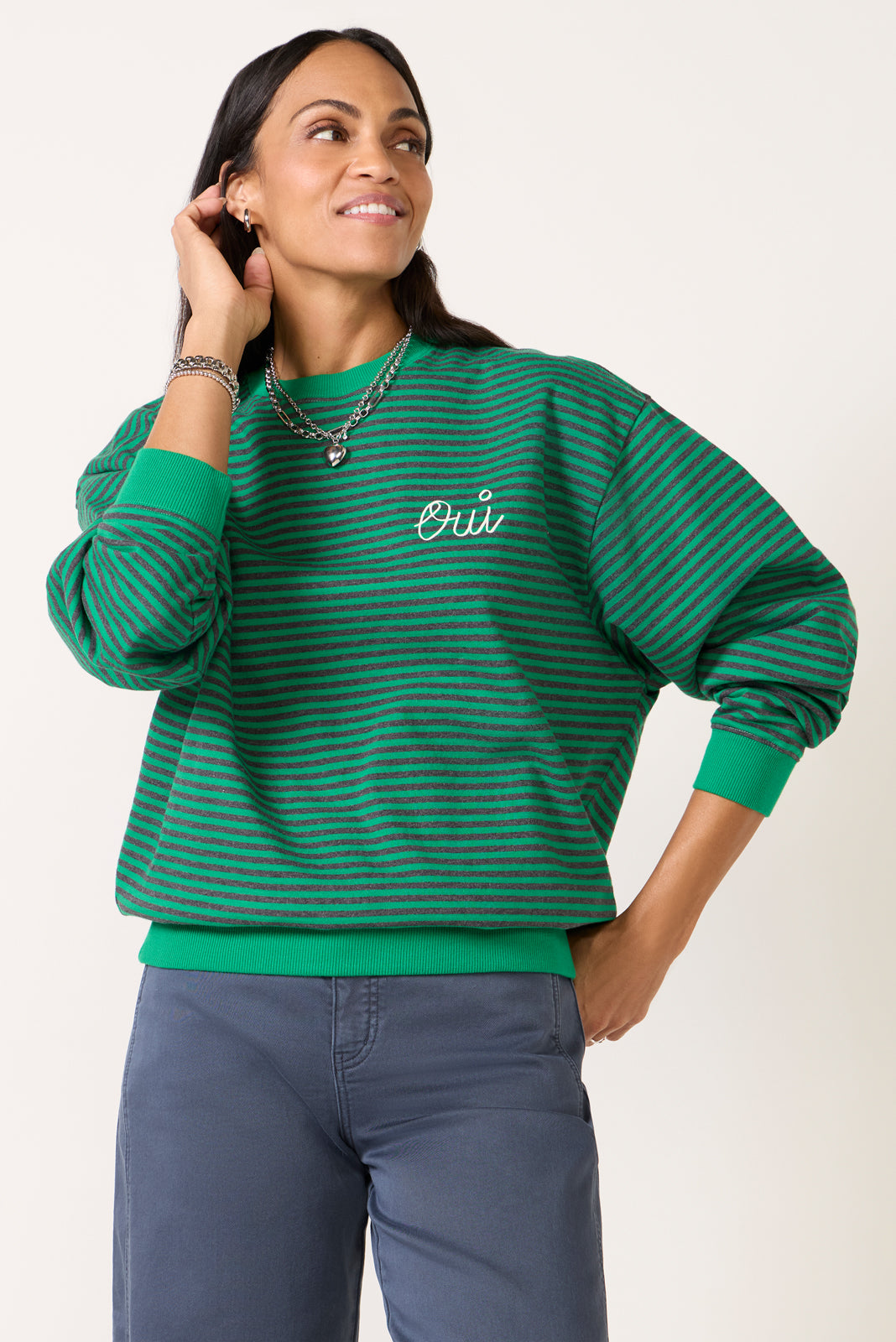 Green Stripe Contrast Edge Oversized Sweatshirt main image 1