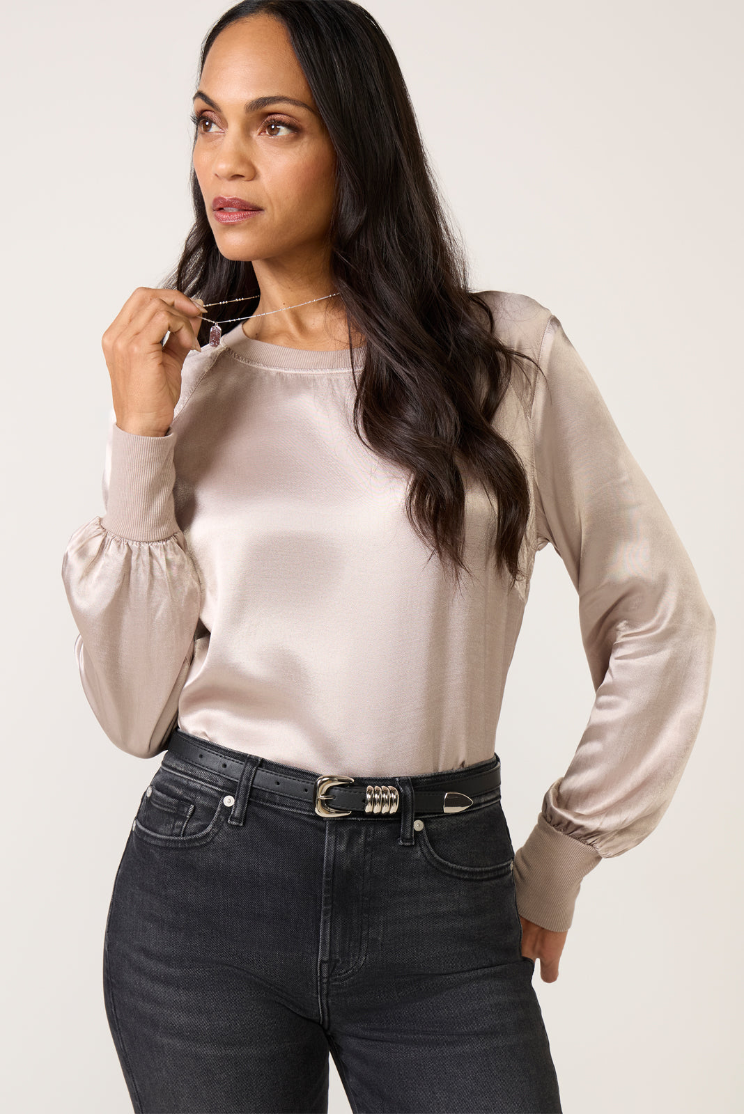 LA MADE Women's City Satin Long Sleeve Top, Size Small, Taupe LA MADE Women's City Satin Long Sleeve Top, Size Small, Taupe