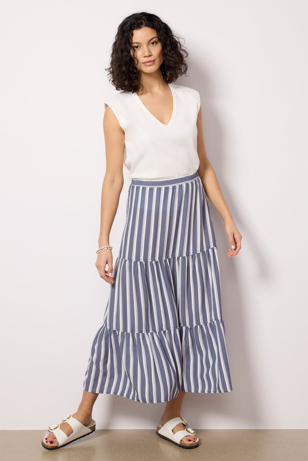 Midi Skirt Striped Skirt Stretch Cali Stripe Skirt