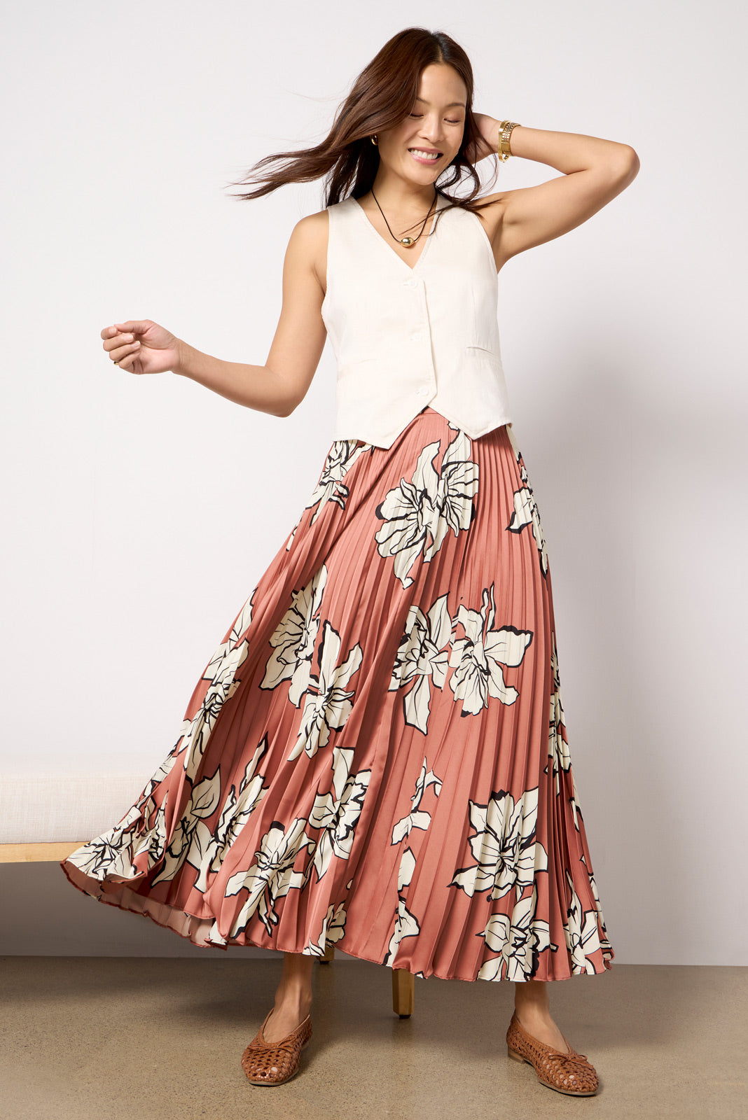 Satin Pleated Midi Skirt