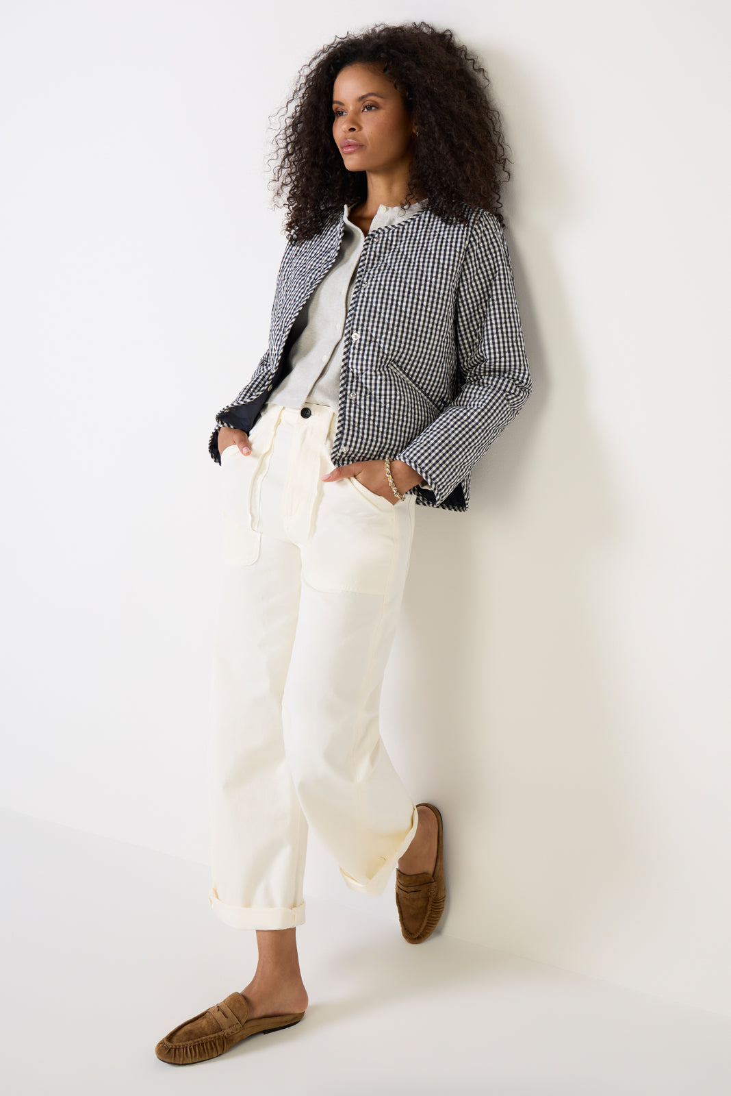 Cashel Check Collarless Quilted Jacket