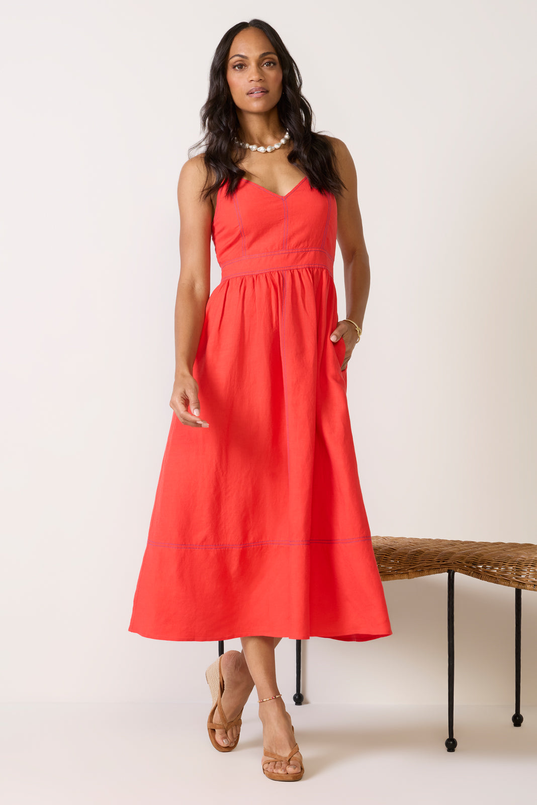 EVEREVE Women's Jill Contrast Stitch Linen Midi Dress, Size Large, Red EVEREVE Women's Jill Contrast Stitch Linen Midi Dress, Size Large, Red