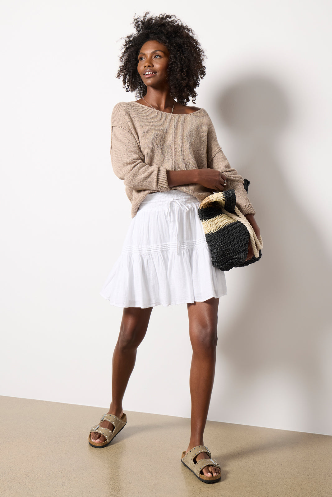 RAILS Lucie Skirt - White Linen Blend Tiered Midi Skirt With Elastic Drawstring Waist