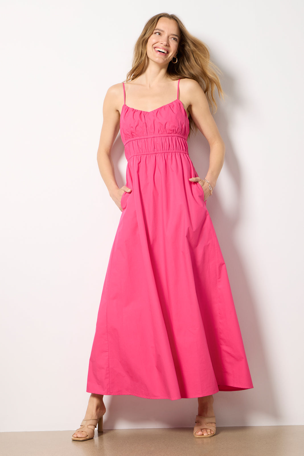 Pink Dress Barn Fit And Flare Poplin Ruched Maxi Dress