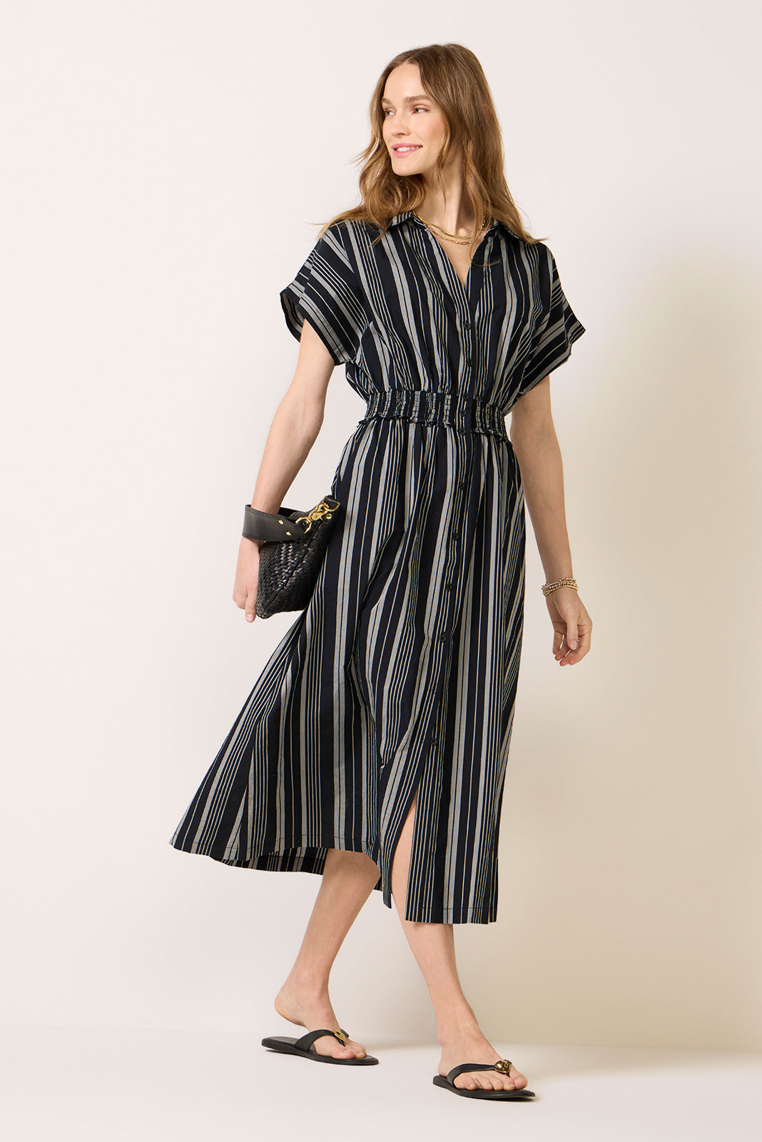 Sailor Smocked Waist Midi Shirt Dress Sailor Smocked Waist Midi Shirt Dress