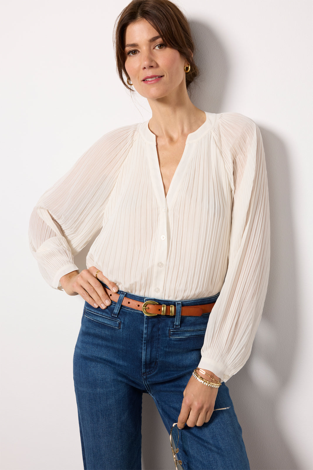 Long Sleeve Pleated Blouse