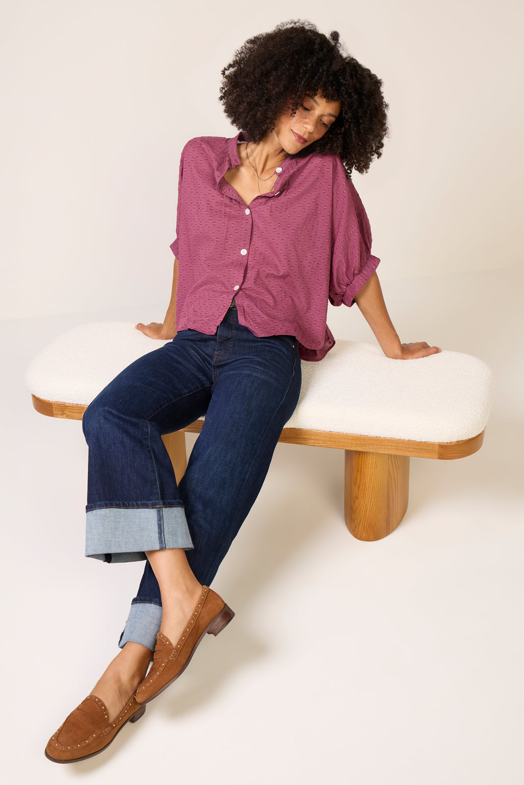 Button Sleeve Mandarin Collar Multi Color Top