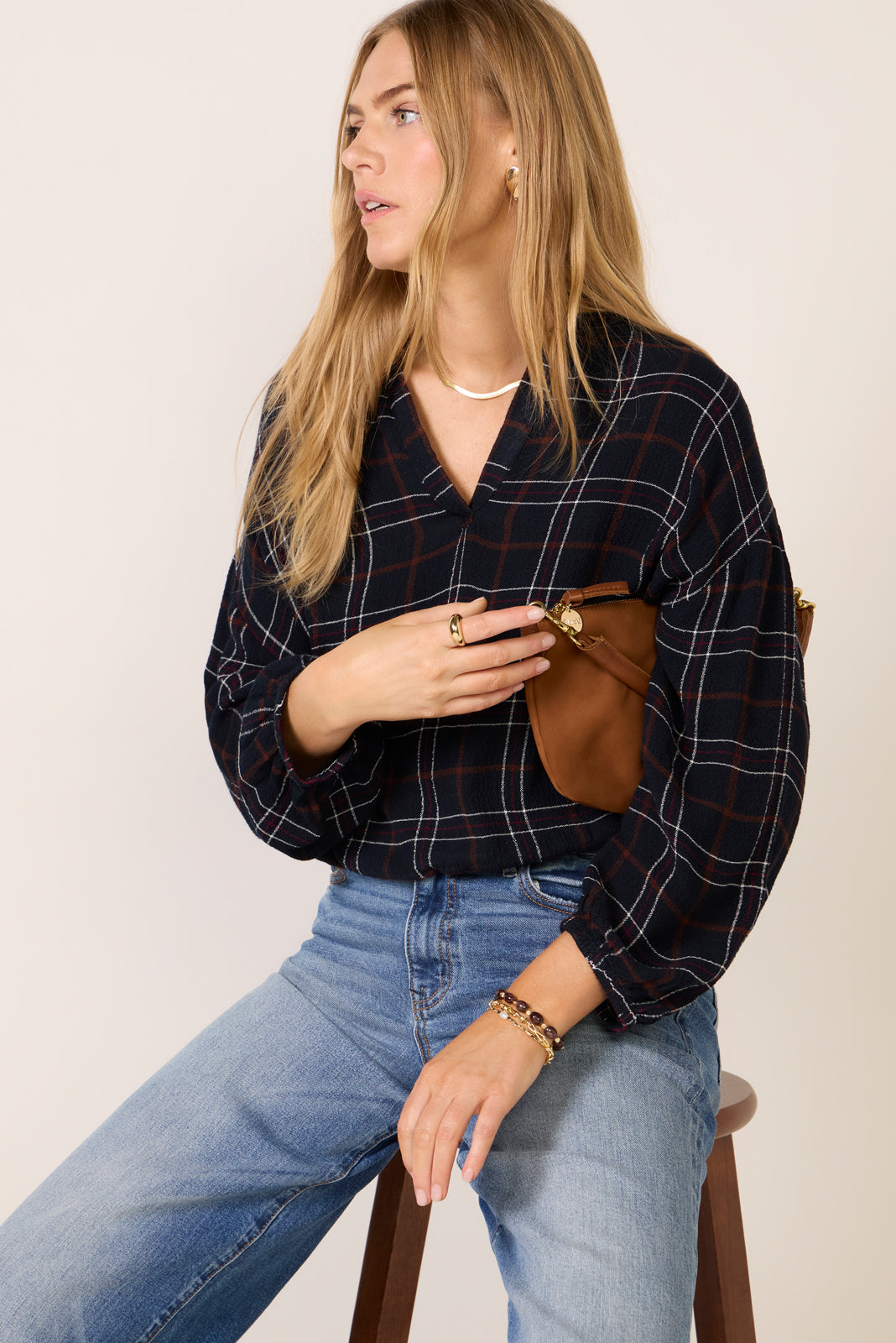 Split Neck Plaid Blouse