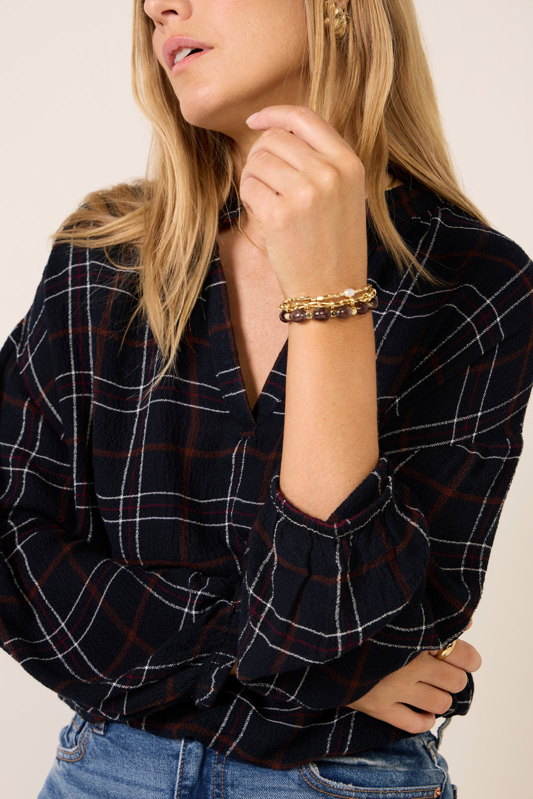 Split Neck Plaid Blouse