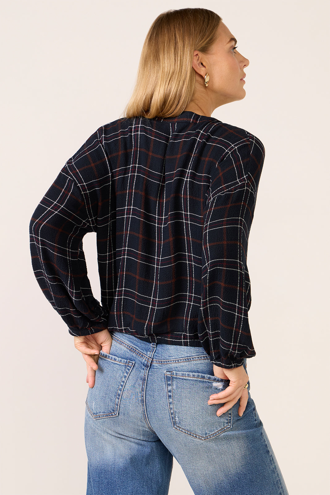 Split Neck Plaid Blouse