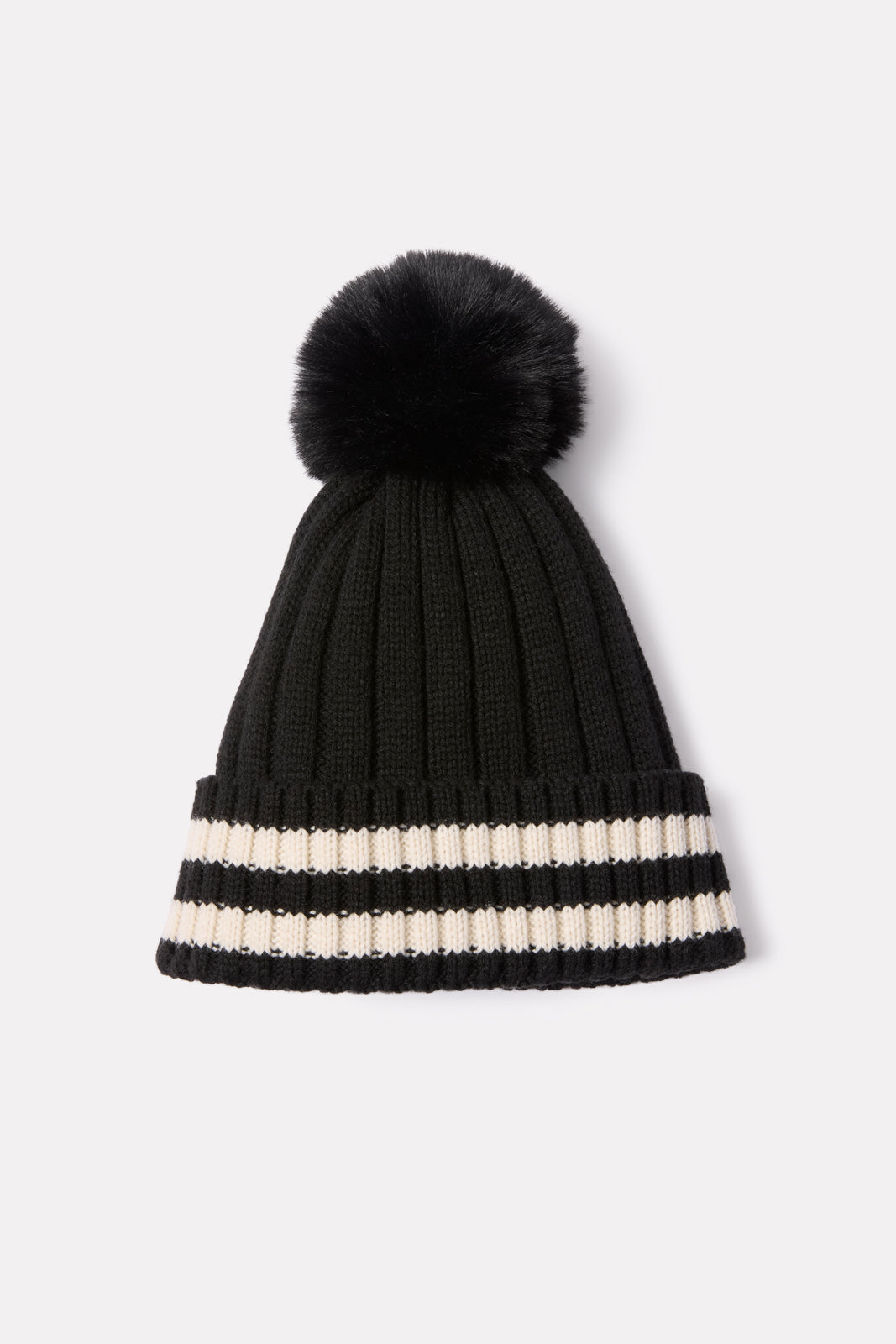 Knit ribbed black striped Pom Pom faux fur beanie hat Stripe Rib Beanie With Faux Fur Pom – Charming Charlie main image 3