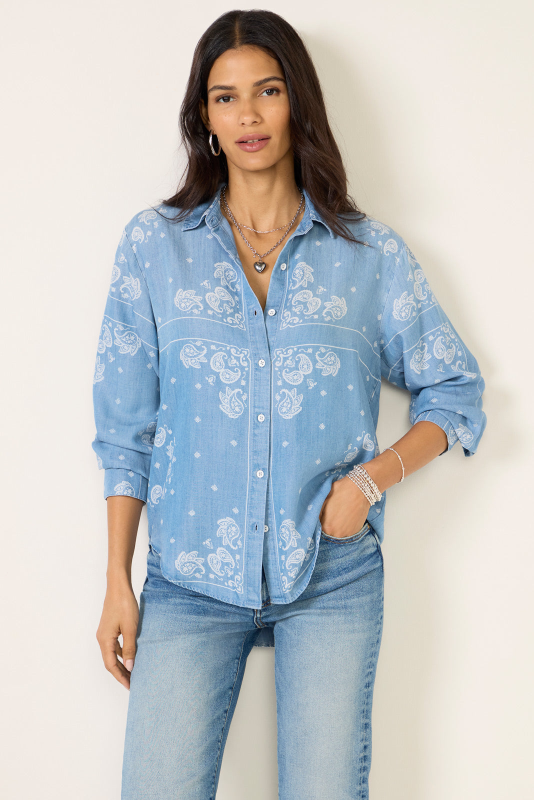 bandana print dress shirt Veronica Beard Lloyd Bandana Button-Down Shirt | Raisin|Dove White