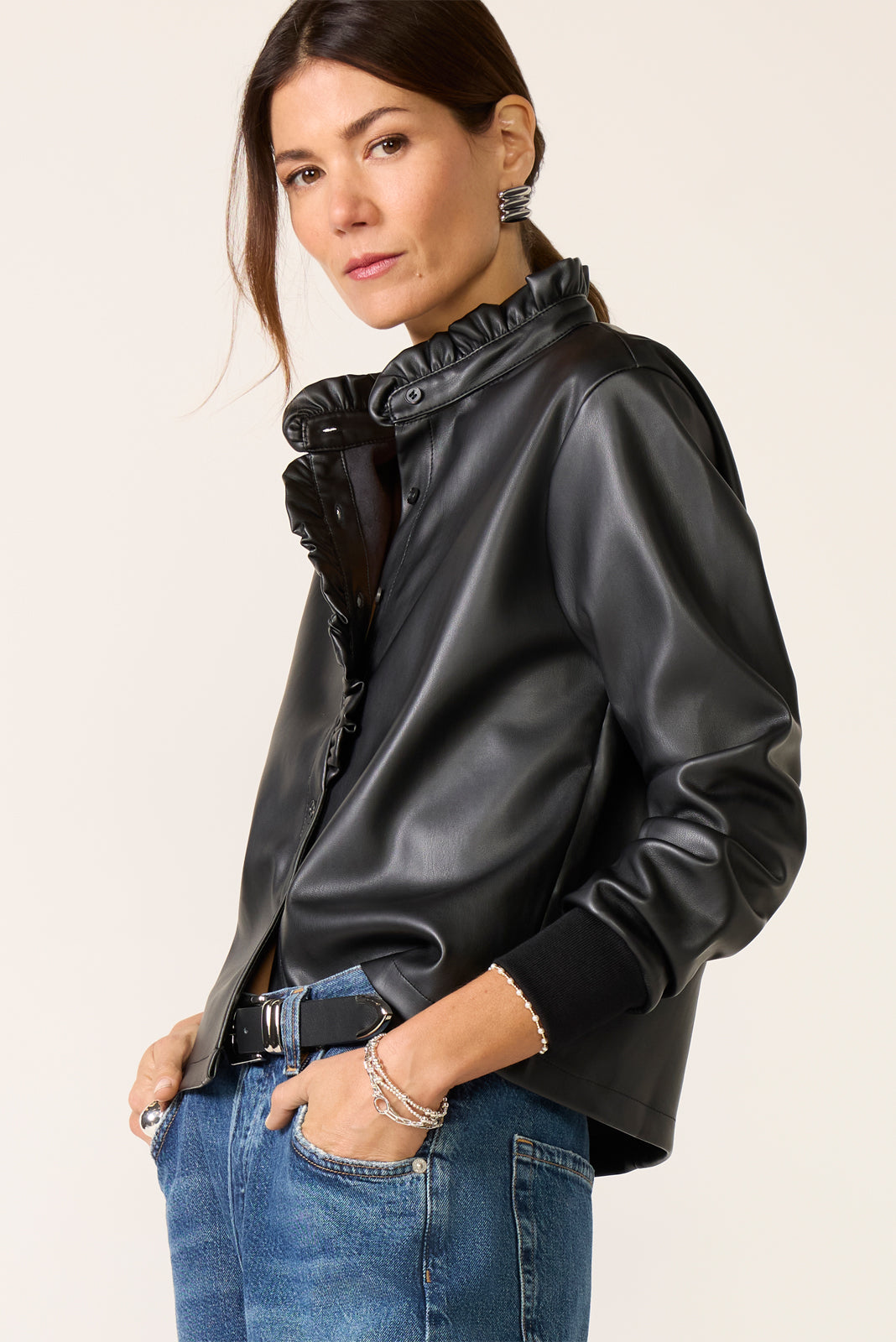 Faux Leather Ruffle Neck Shirt