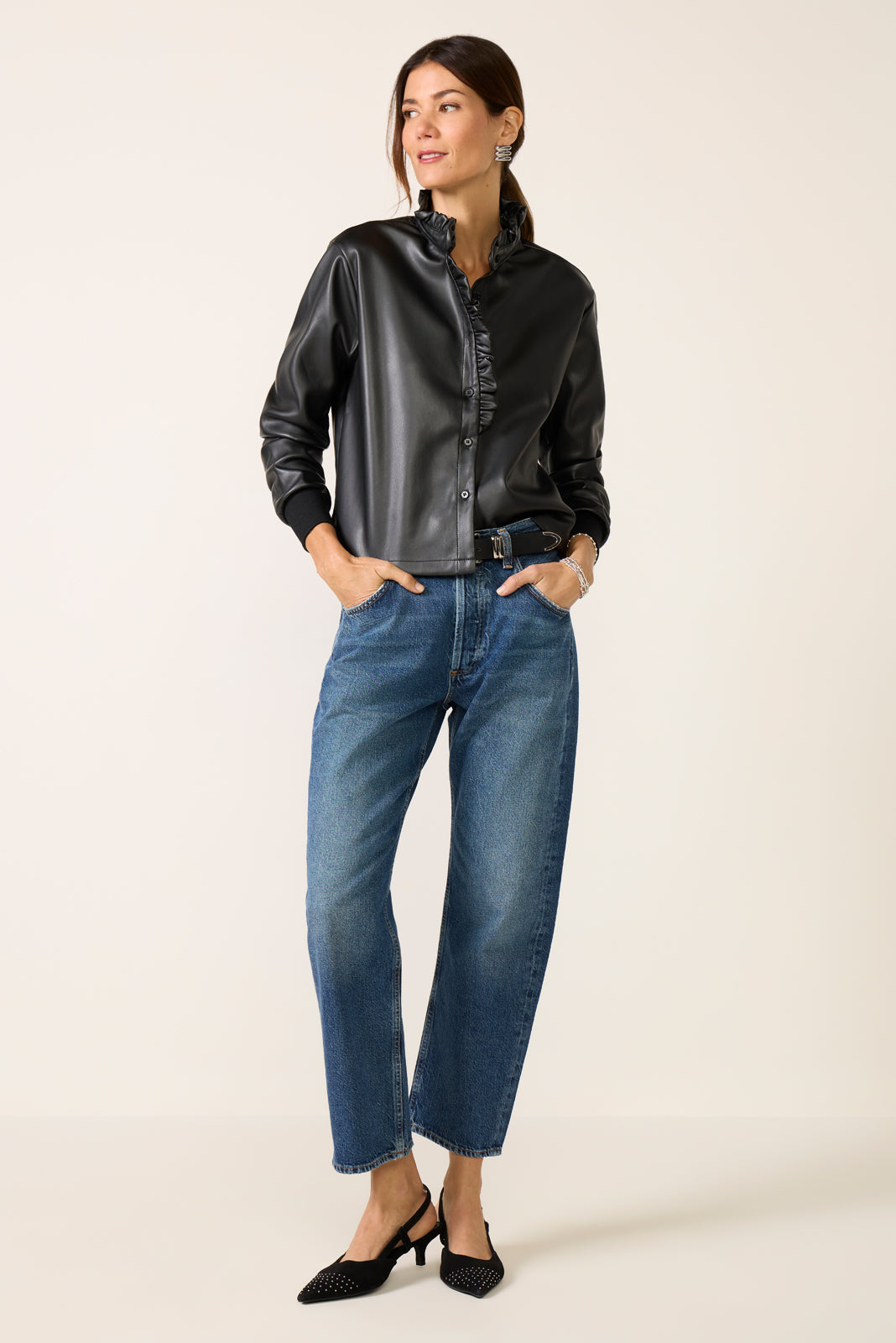 Faux Leather Ruffle Neck Shirt