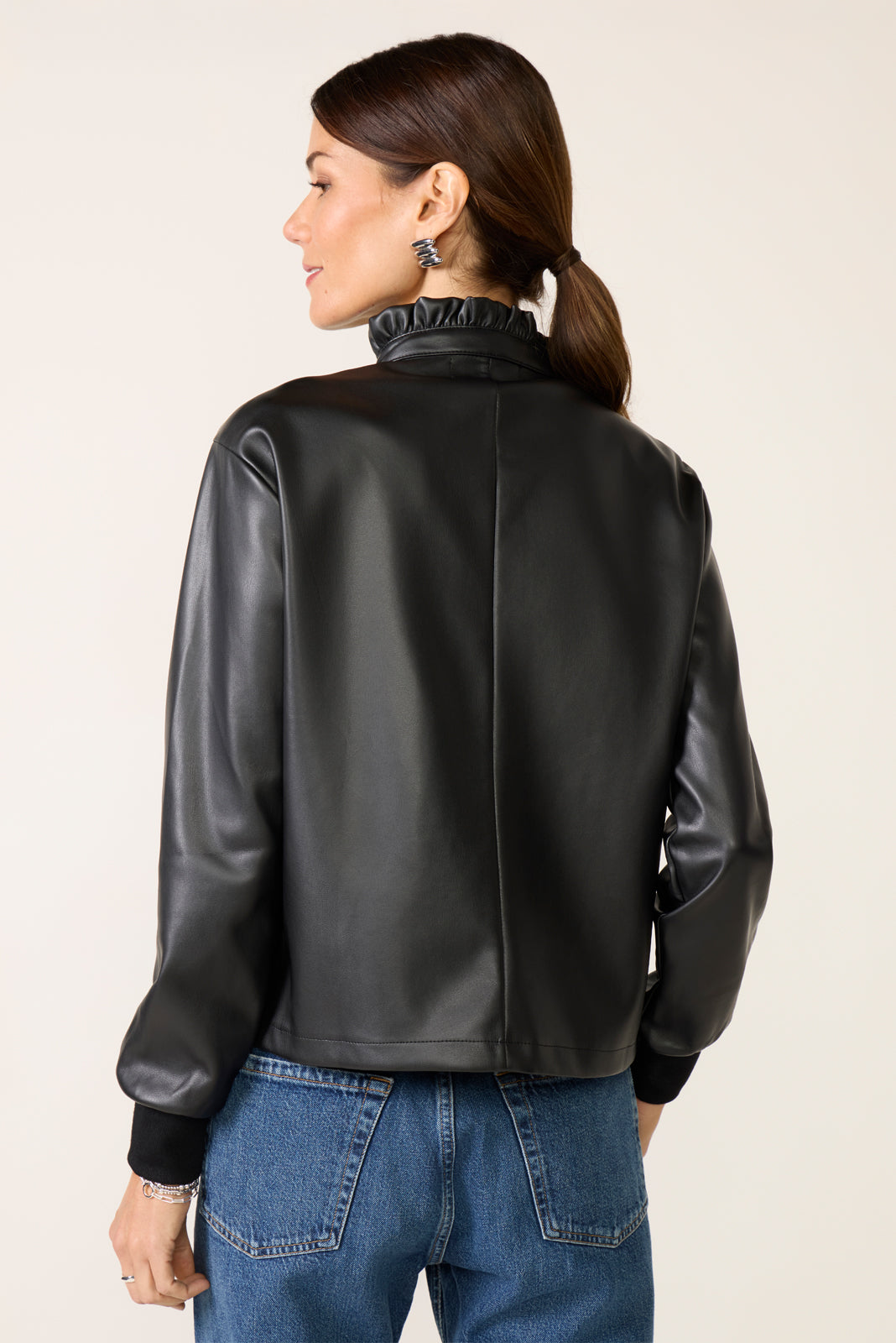 Faux Leather Ruffle Neck Shirt