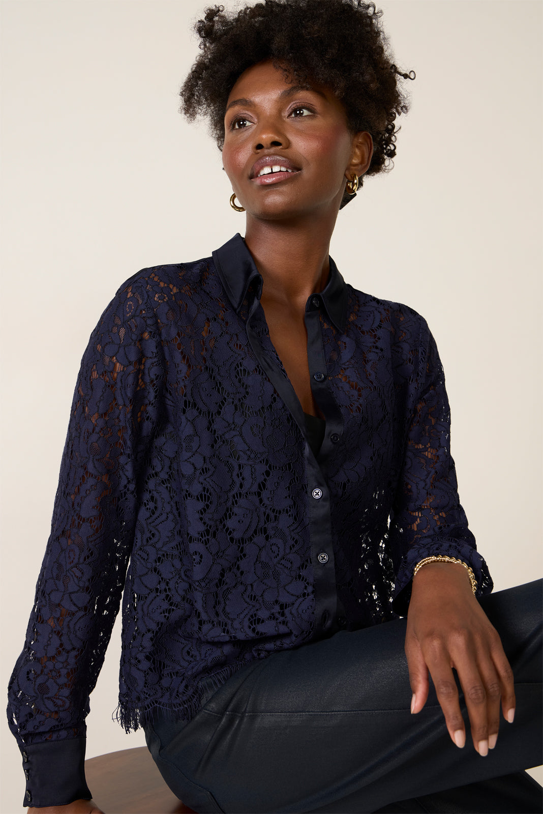 Lace Contrast Button Down