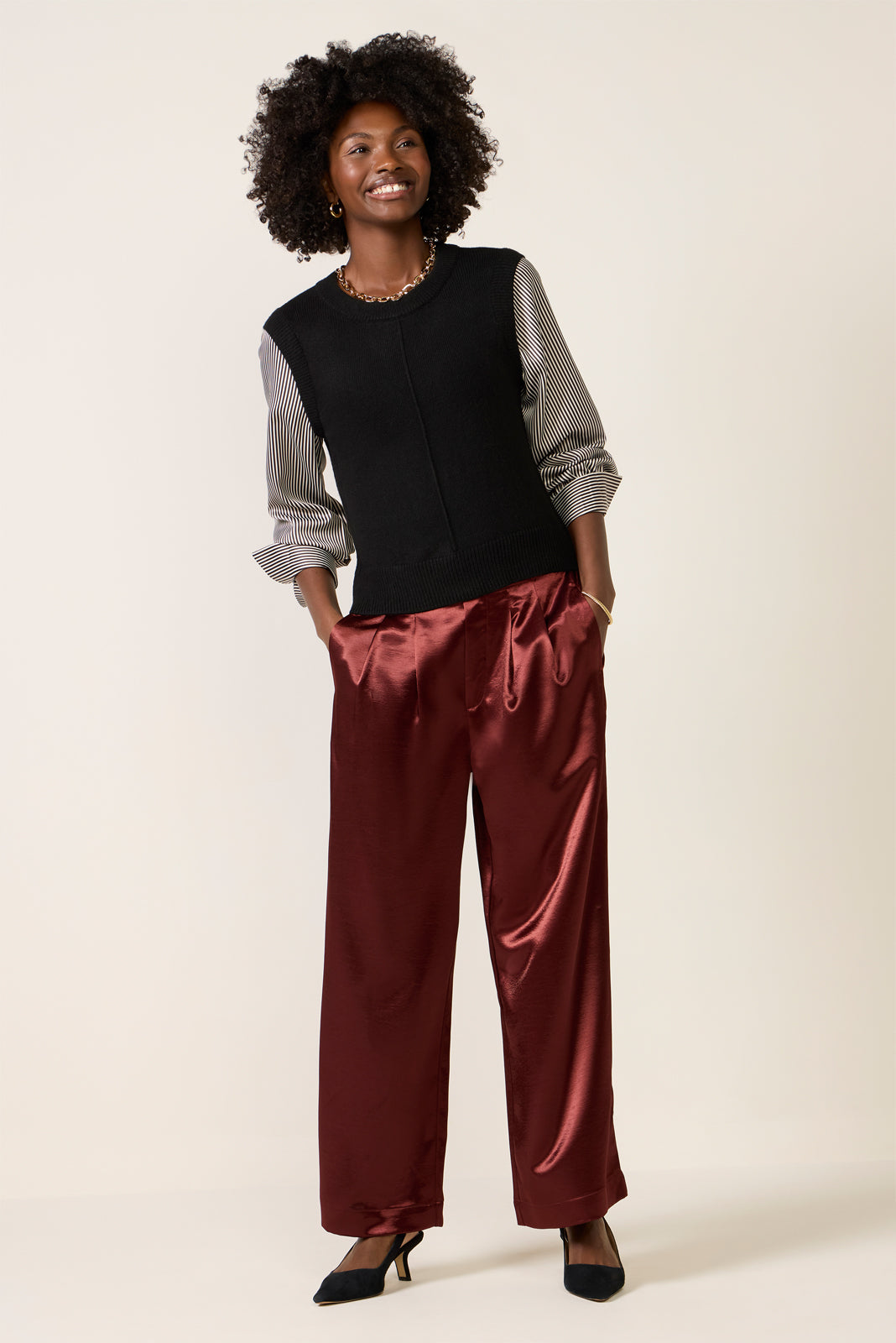 Dana Satin Sleeve Twofer Sweater