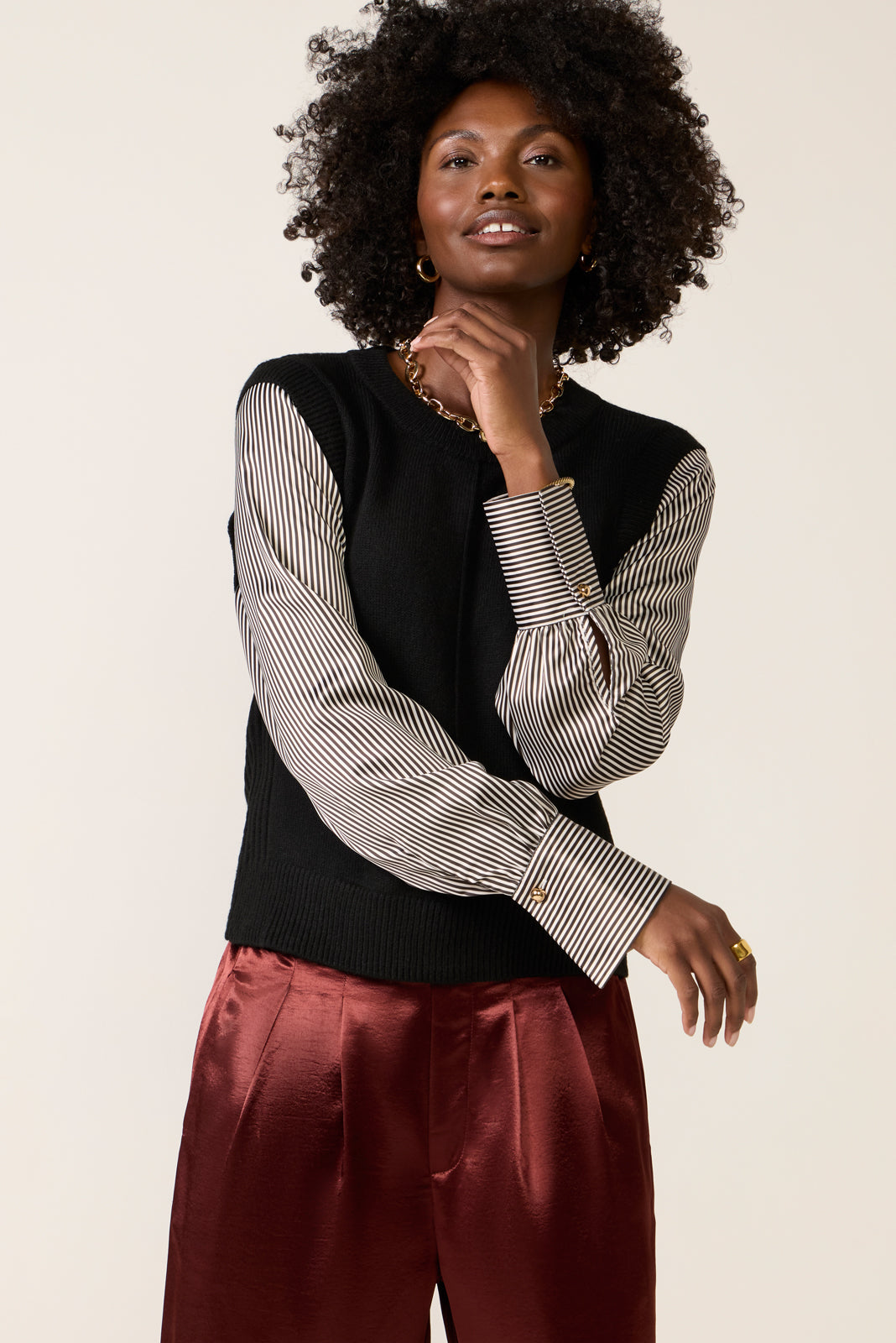 Dana Satin Sleeve Twofer Sweater