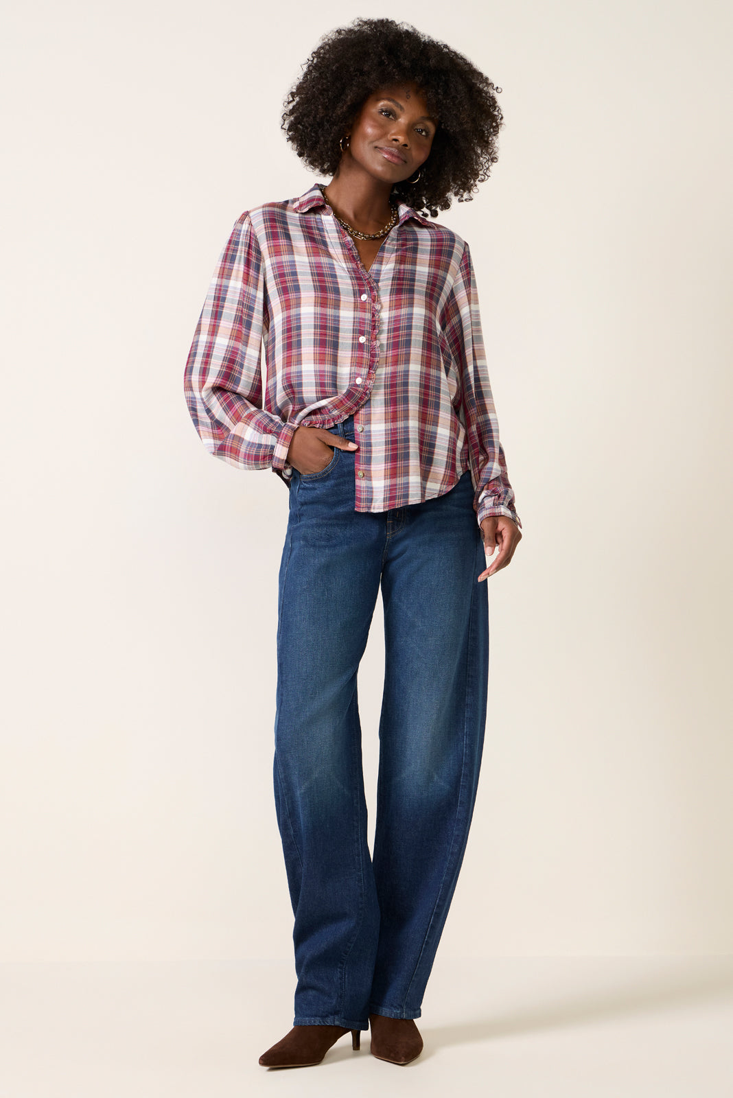 Plaid Ruffle Button Down