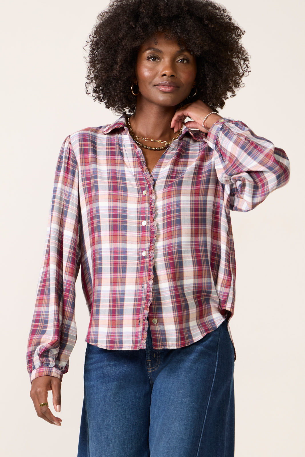 Plaid Ruffle Button Down