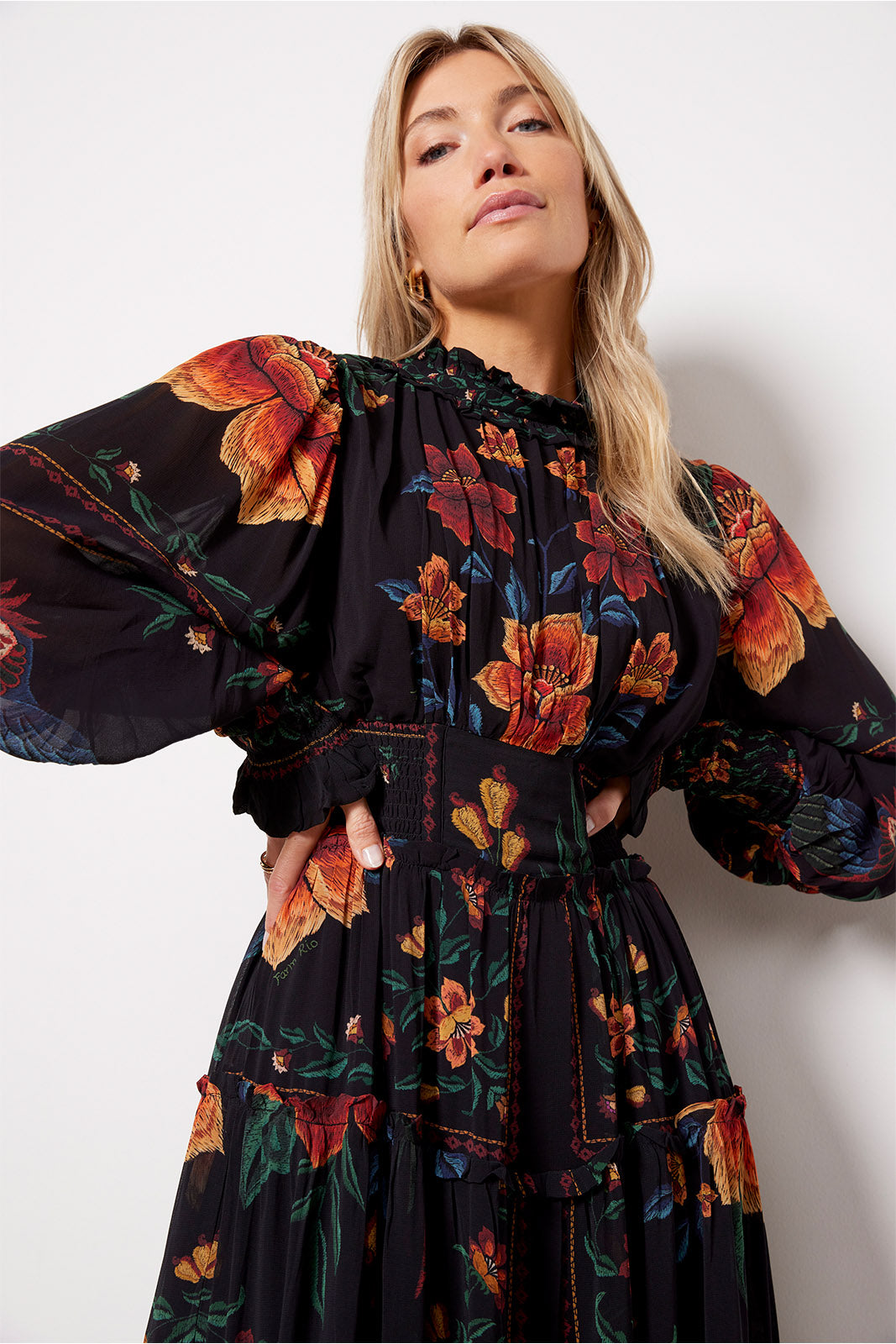 Macaws Garden Black High Neck Midi Dress