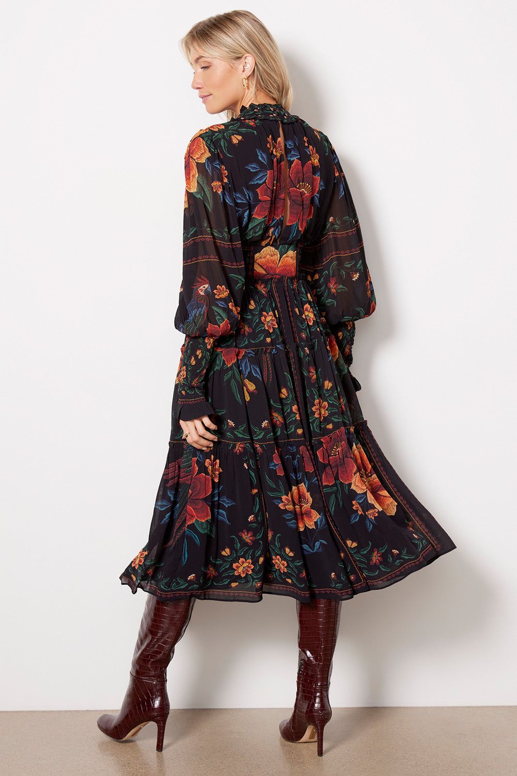 Macaws Garden Black High Neck Midi Dress