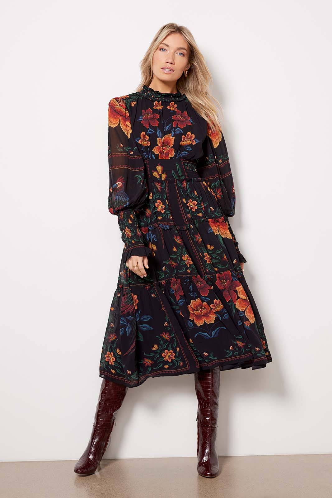Macaws Garden Black High Neck Midi Dress