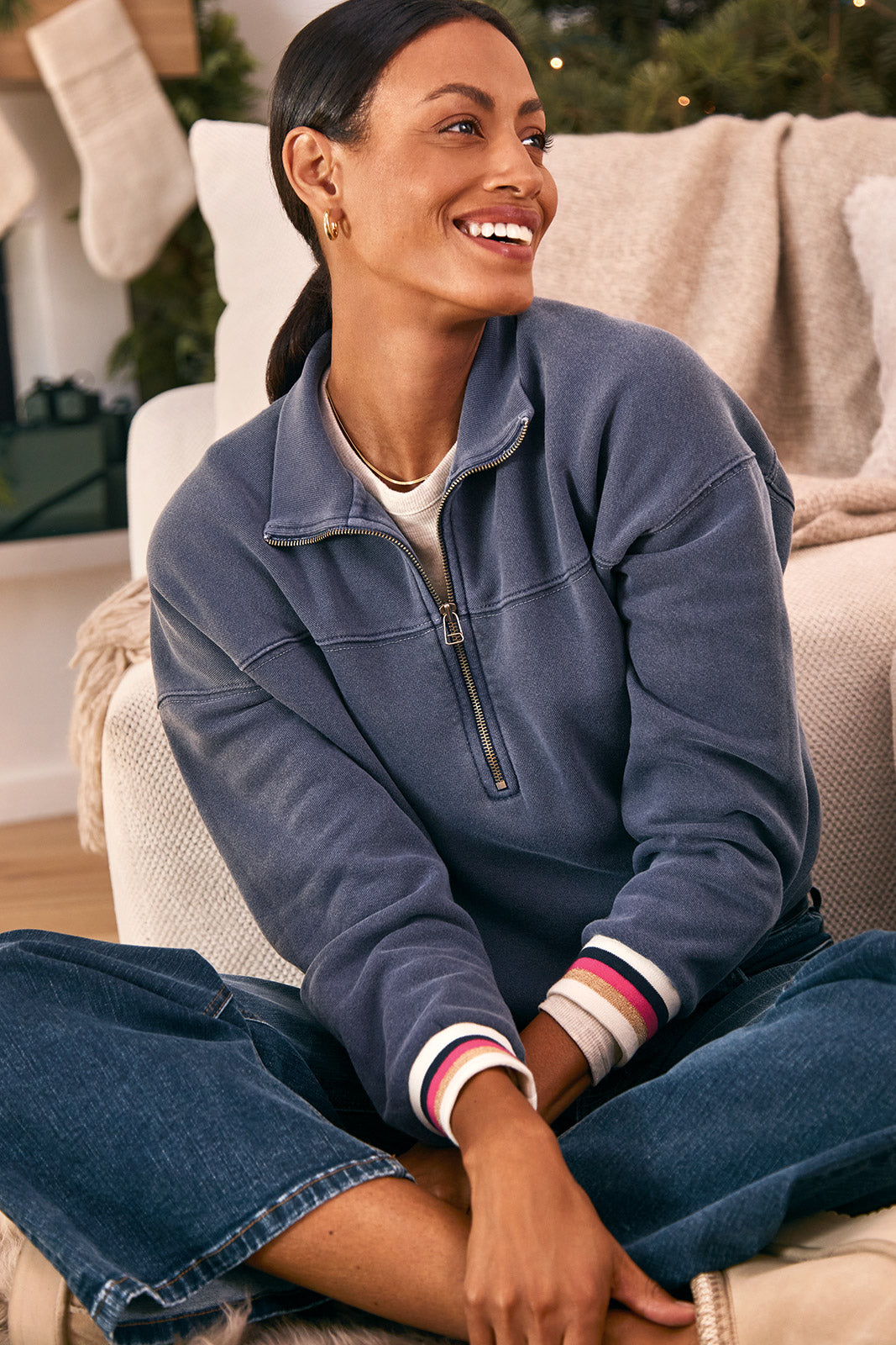 Stripe Rib Half Zip Pullover