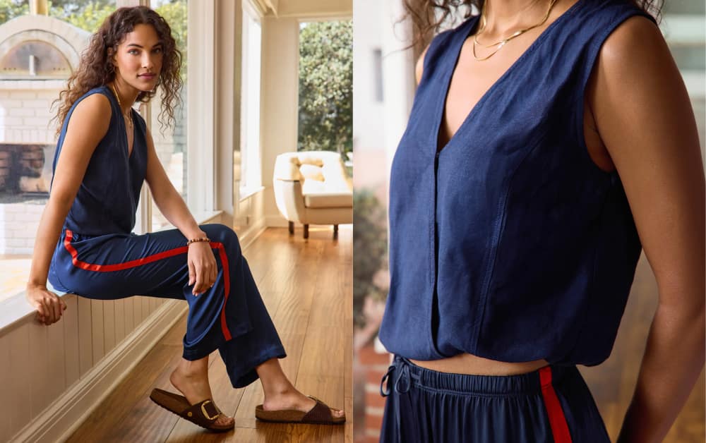 Image of woman wearing a matching navy tank and pants set