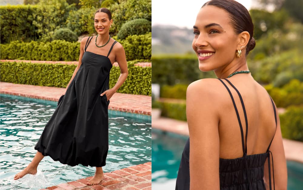 Image of woman wearing a black maxi dress