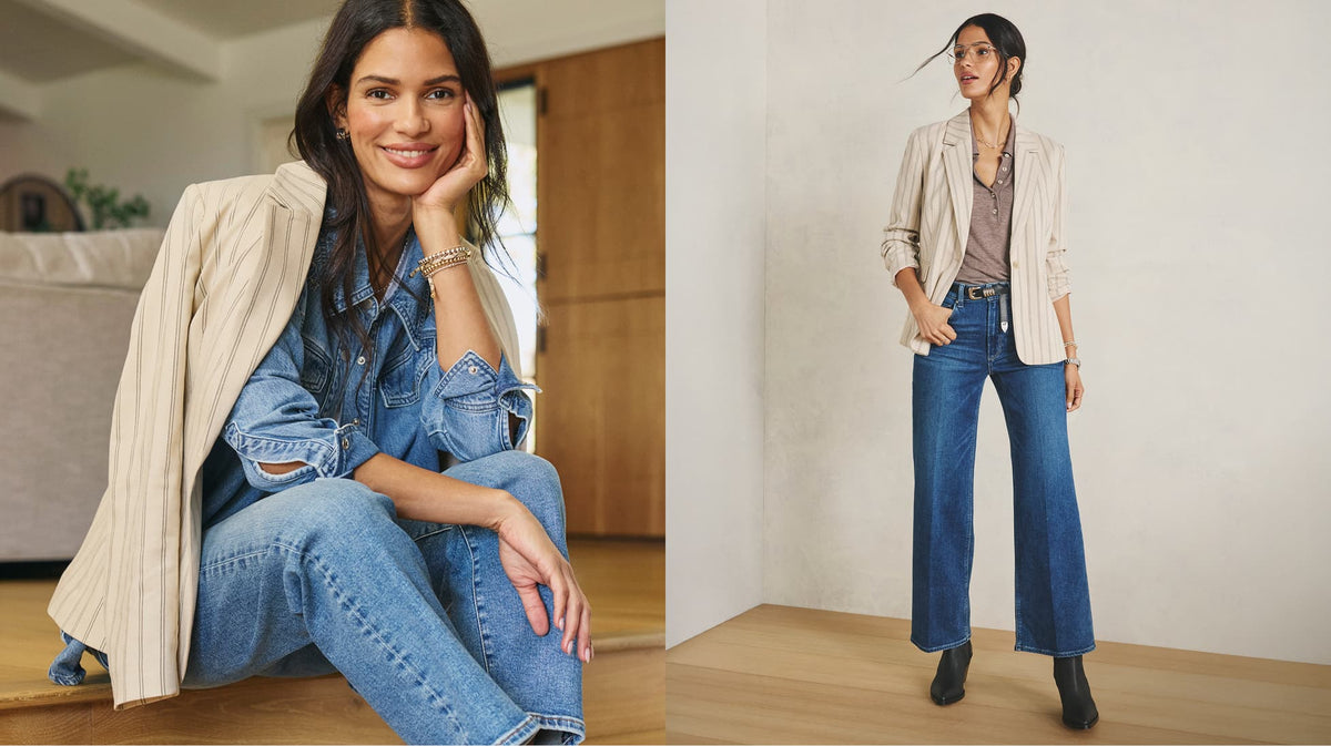 Image of woman wearing a stripe Rory blazer with blue jeans in two different looks.