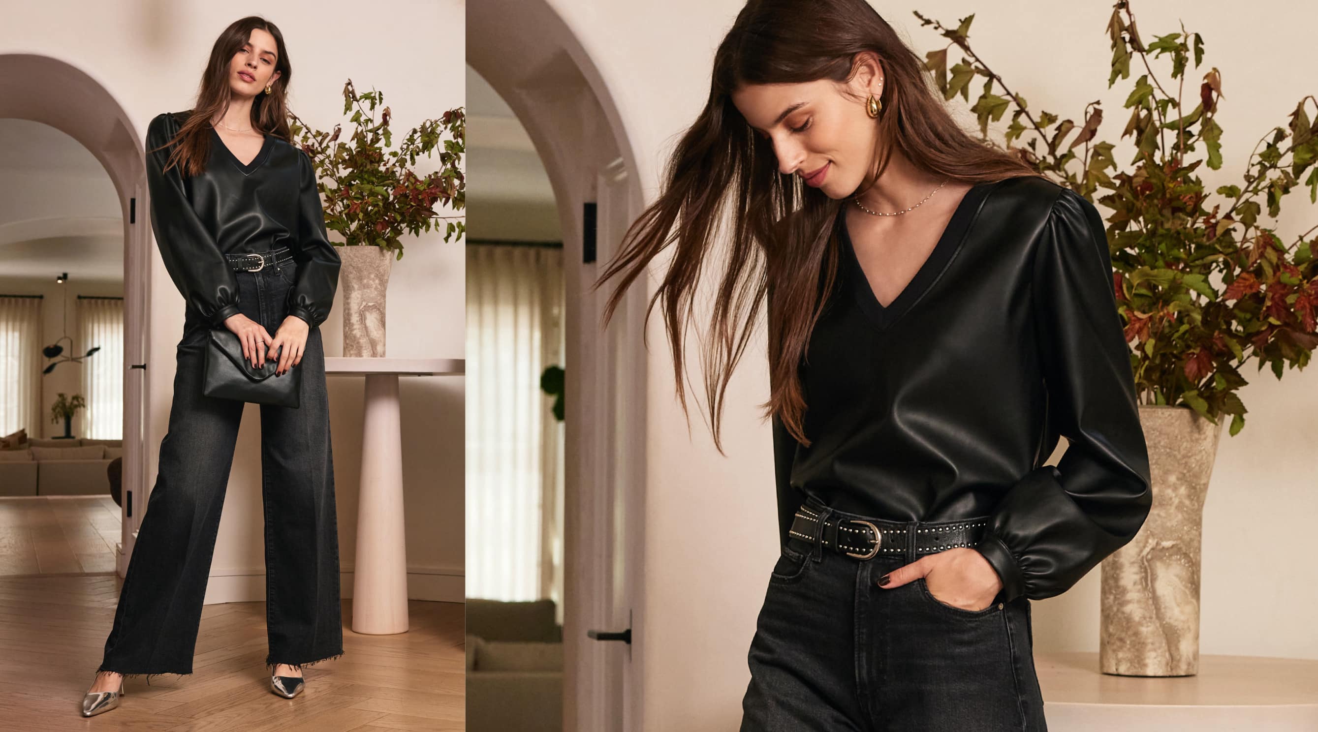 Woman wearing a satin black top and black jeans, with a belt, heels and a clutch