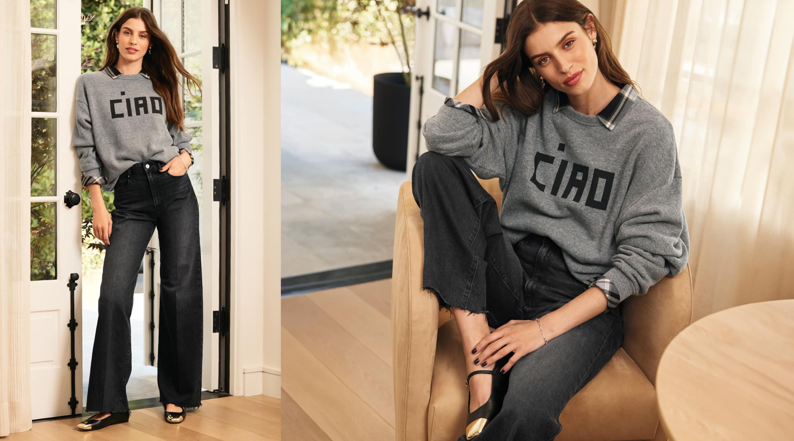 Woman wearing black jeans with a plaid shirt, sweatshirt and flats