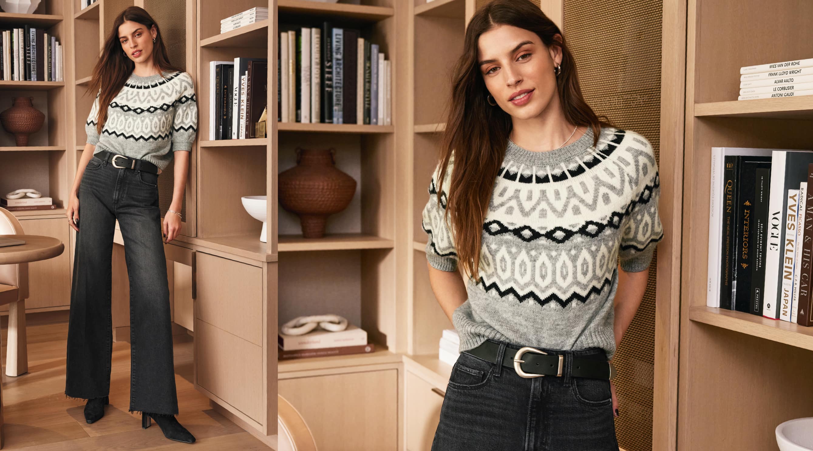 Woman wearing black jeans with a sweater, belt and boots