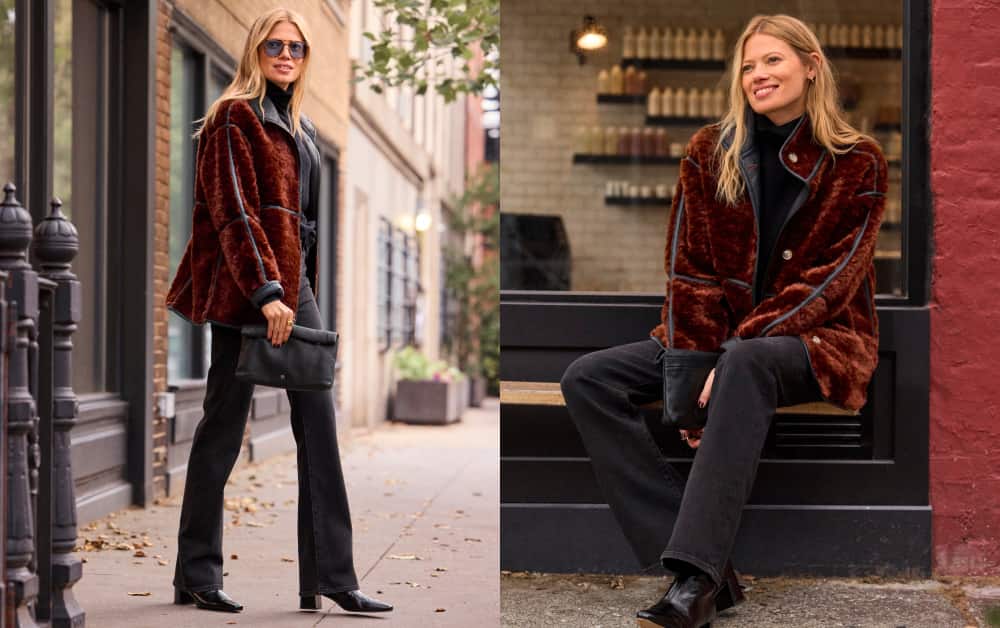 Woman wearing a burgundy jacket with dark wash bootcut jeans