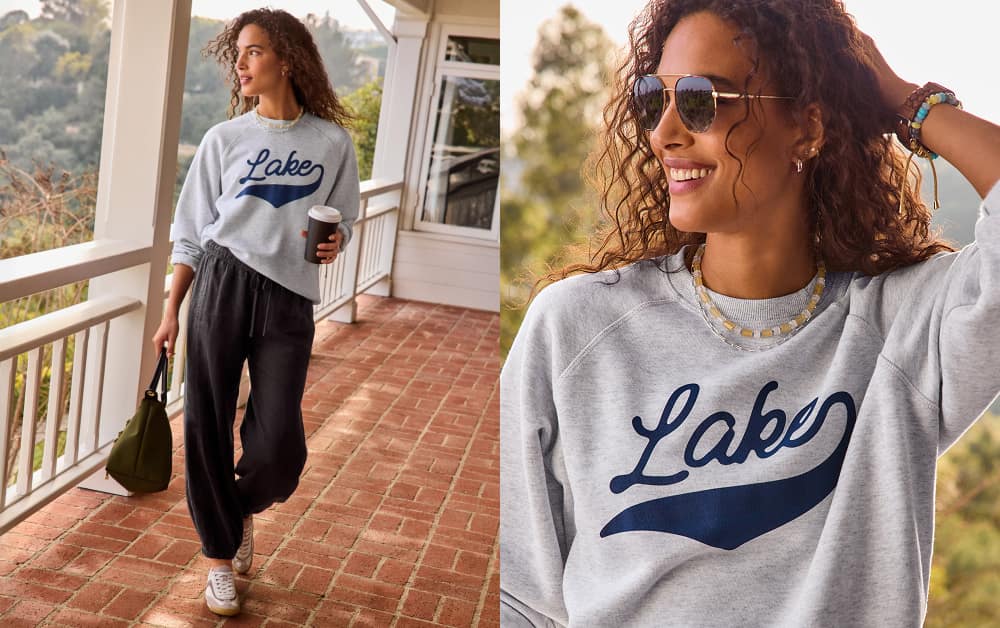 Image of woman wearing Lake print sweatshirt with joggers