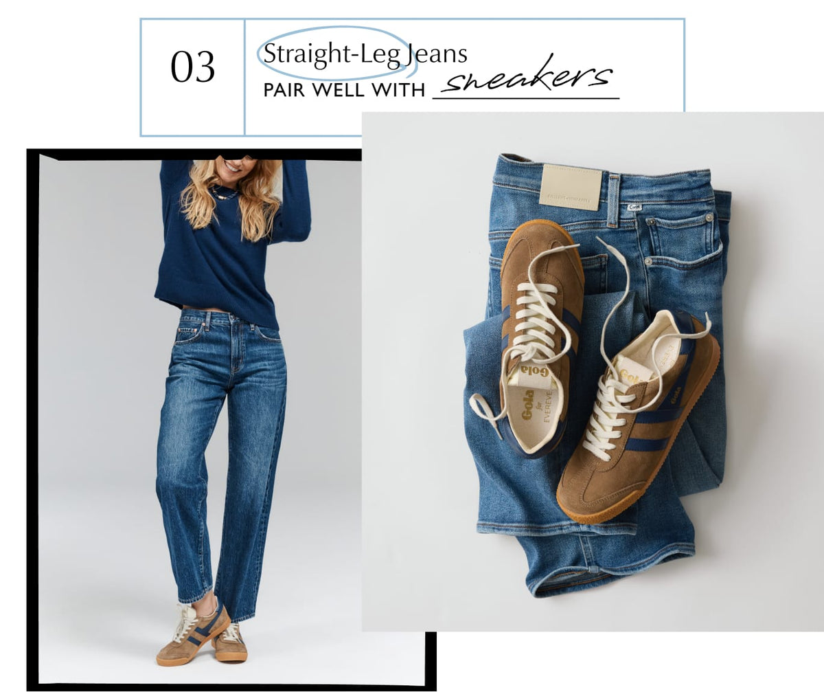 Woman wearing straight leg jeans with a navy tee and brown sneakers
