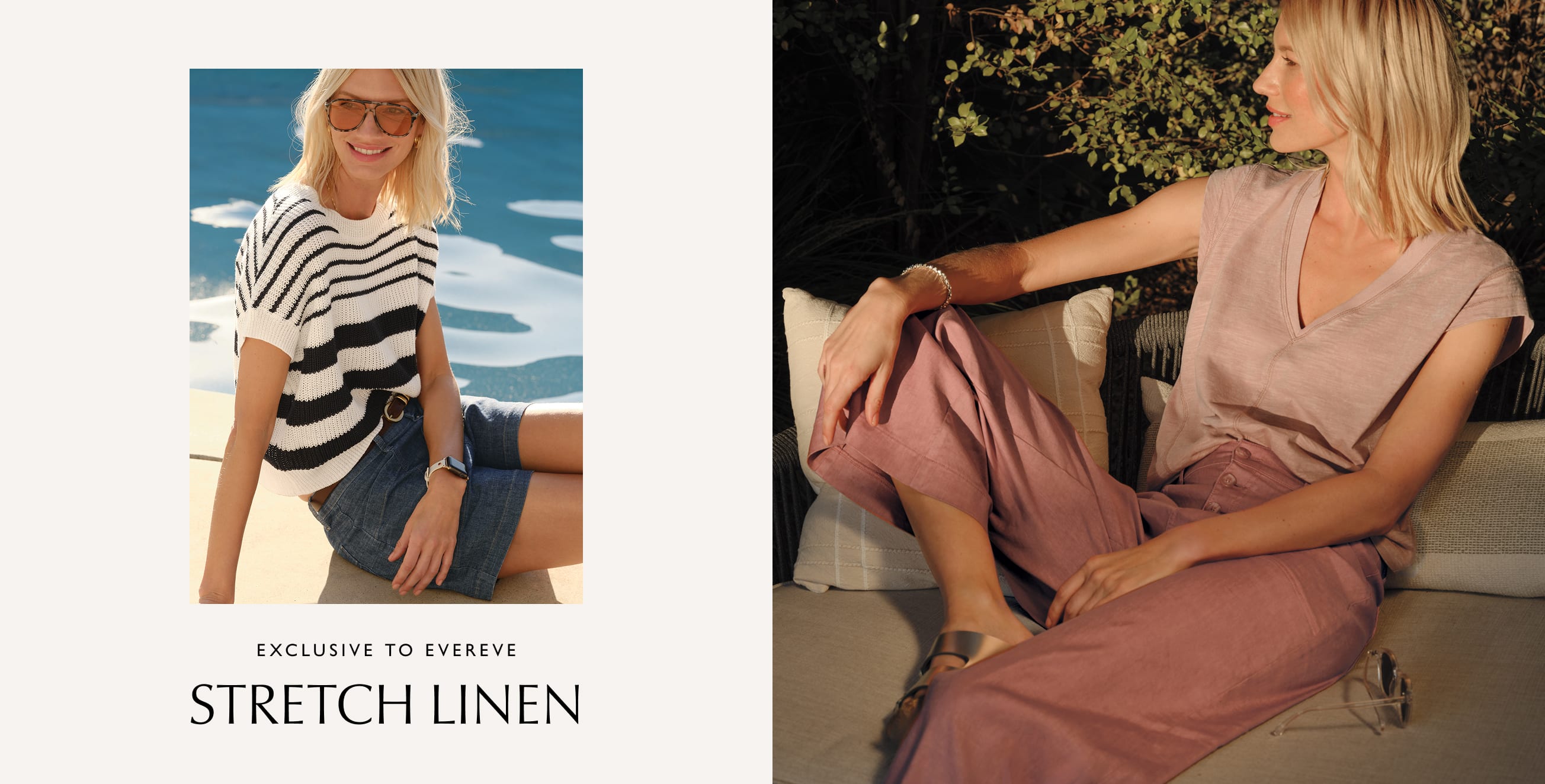 Image of woman wearing linen clothing, text Stretch Linen