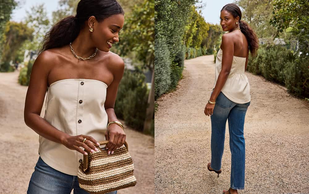 Image of woman wearing a strapless ivory button down tube top with jeans