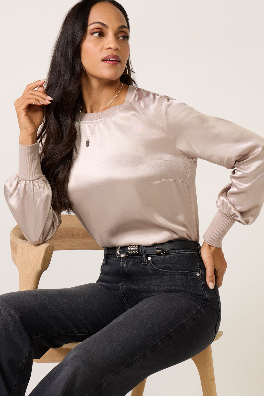 City Satin Long Sleeve Top