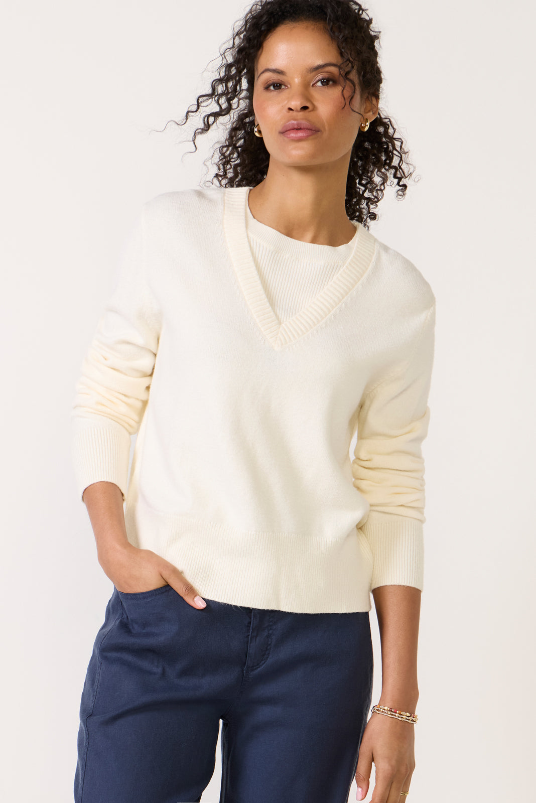 EVEREVE Women's Maeve Mixed Rib TwoFer Sweater Top, Size XL, White