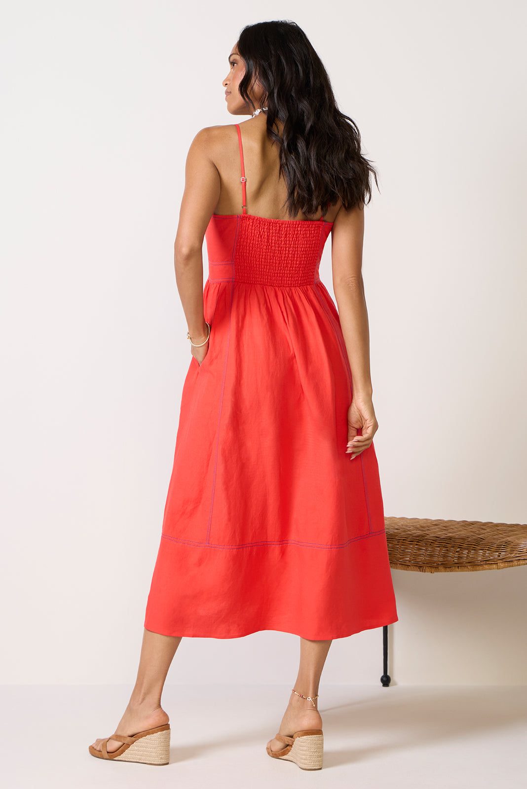 EVEREVE Women's Jill Contrast Stitch Linen Midi Dress, Size Large, Red EVEREVE Women's Jill Contrast Stitch Linen Midi Dress, Size Large, Red