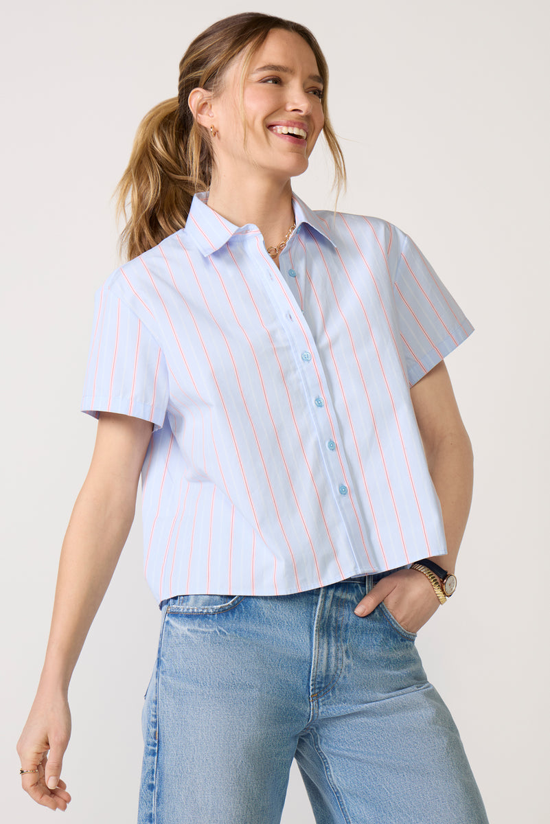THE SHIRT Women's Boxy Crop Short Sleeve Shirt, Size Medium, Blue, Cotton