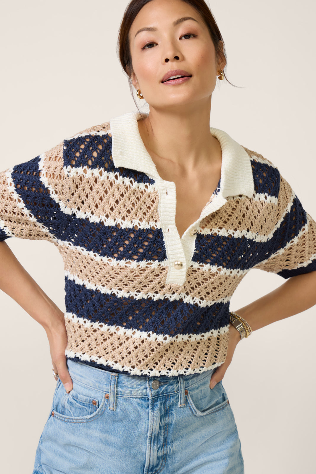 Tatum Stripe Open Stitch Polo Sweater