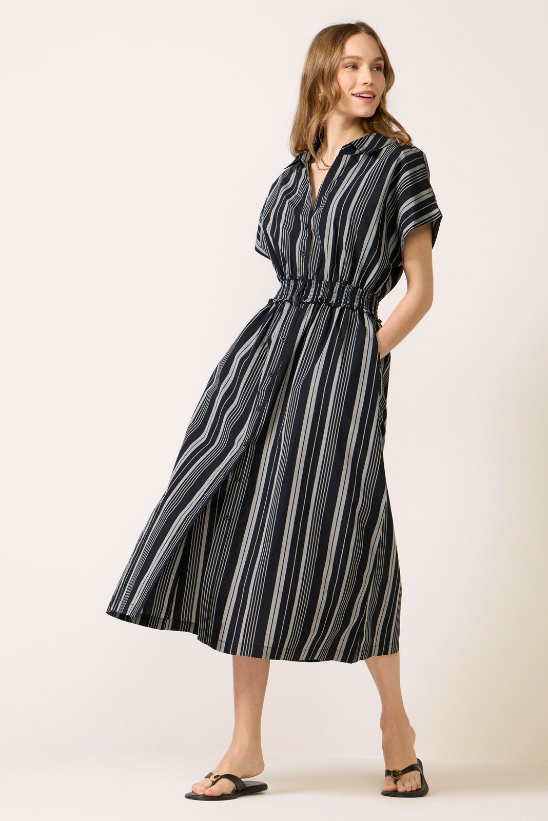 EVEREVE Women's Sailor Smocked Waist Midi Shirt Dress, Size Large, Black