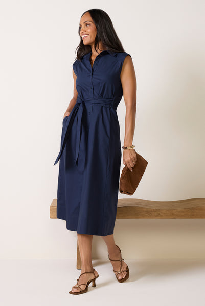 navy blue midi dress button up EVEREVE Women's Perry Dress, Size Large, Blue, Cotton Color:Black Organic Rib 42 Inch LED Makeup 100% Polyester 2XL (16)