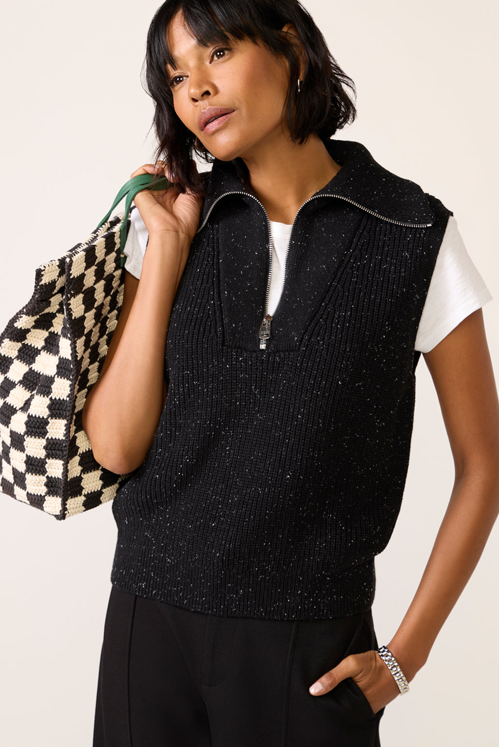 Hally Half Zip Rib Vest, Large in Black Fleck | Varley