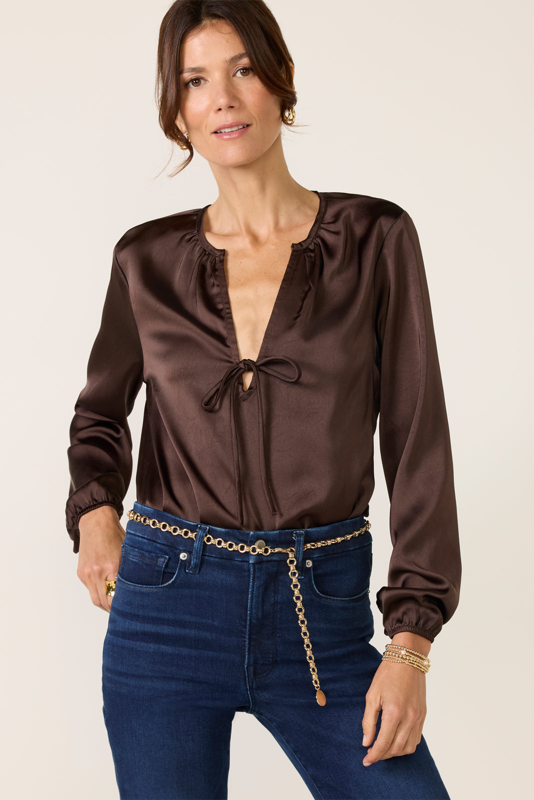 Satin V Neck Bow Top