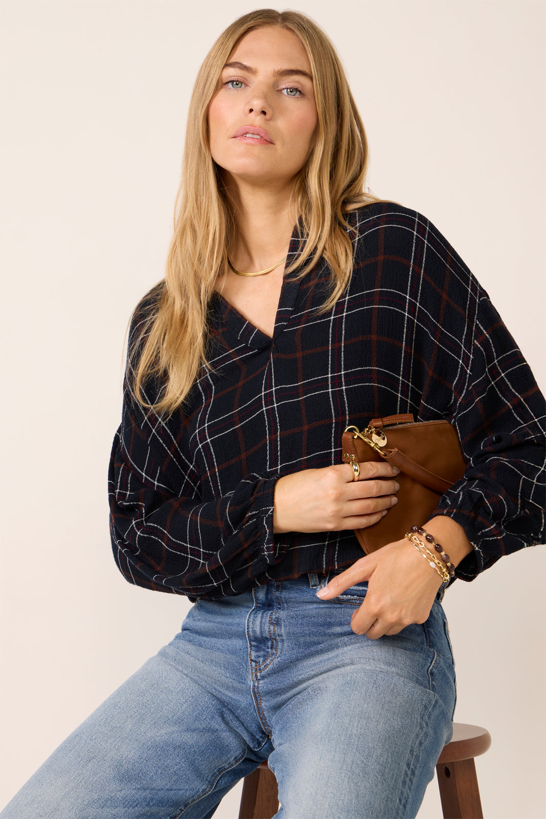 Split Neck Plaid Blouse