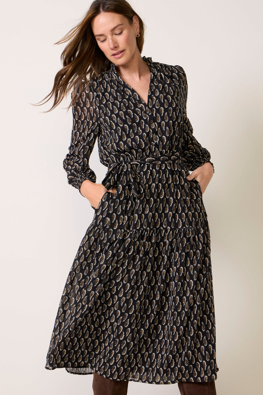 Brooke Button Front Tie Waist Midi Dress